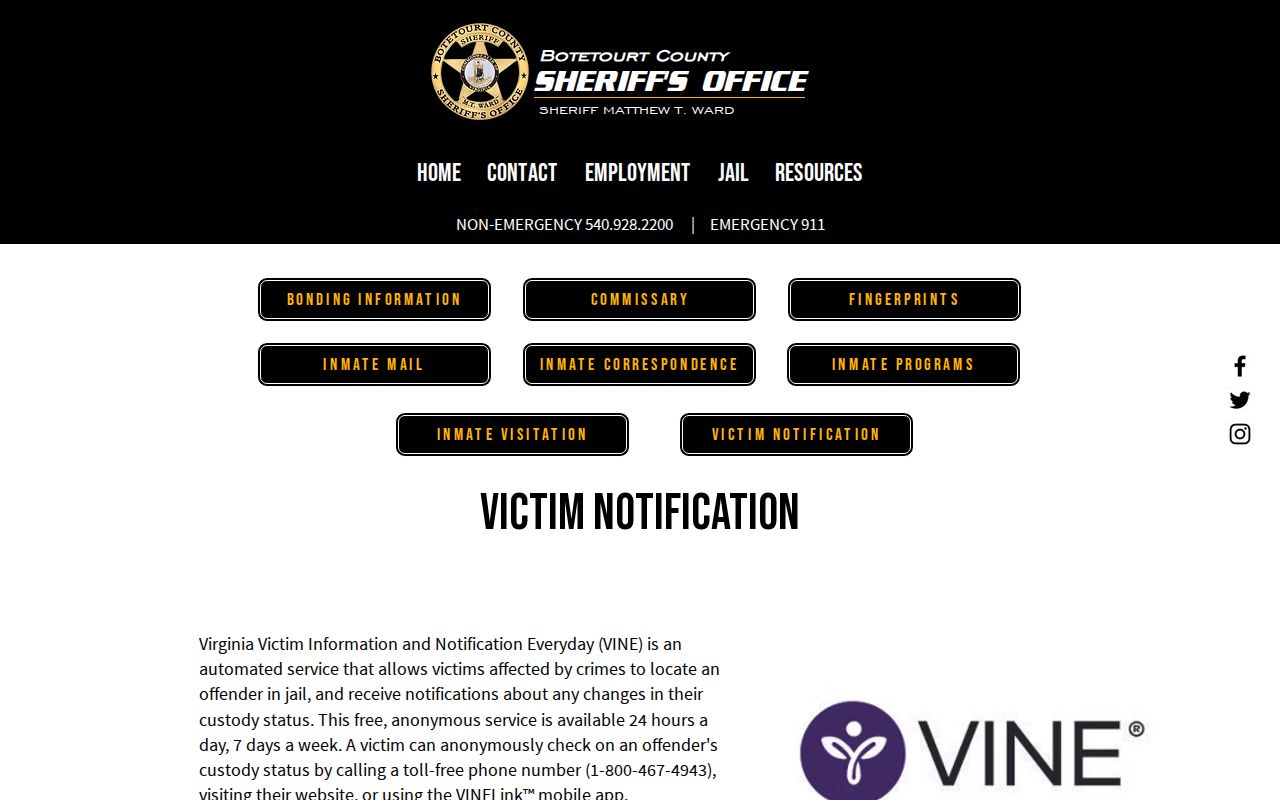 Craig County local Jail VINE notice and VADOC release notification boundary