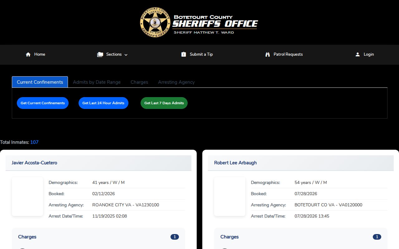 Craig County regional jail current confinement and admission portal