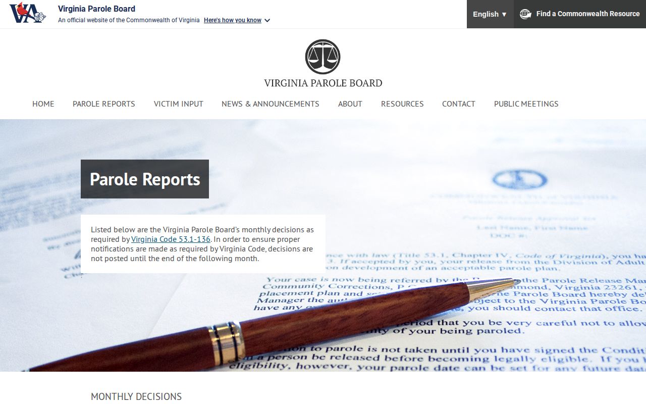 Craig County parole decision reports from the Virginia Parole Board