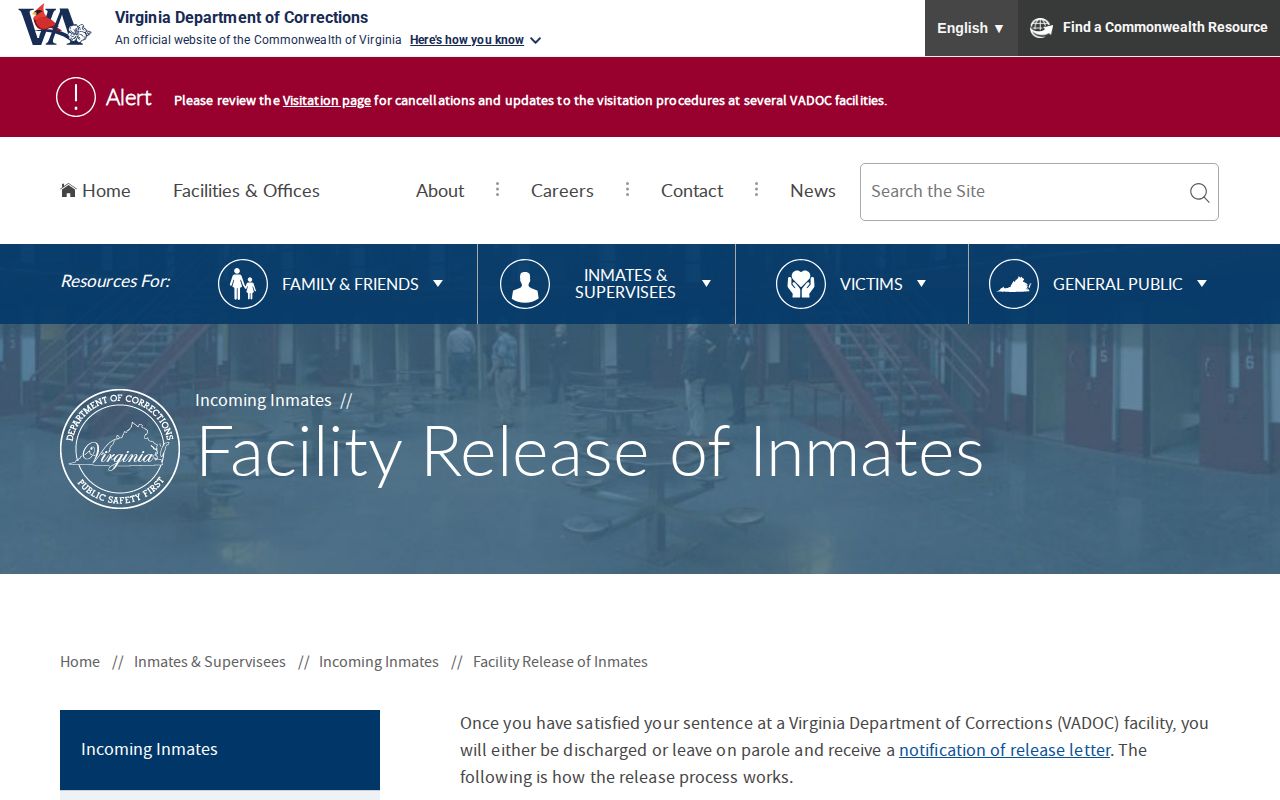 Craig County actual inmate release date and VADOC facility documents