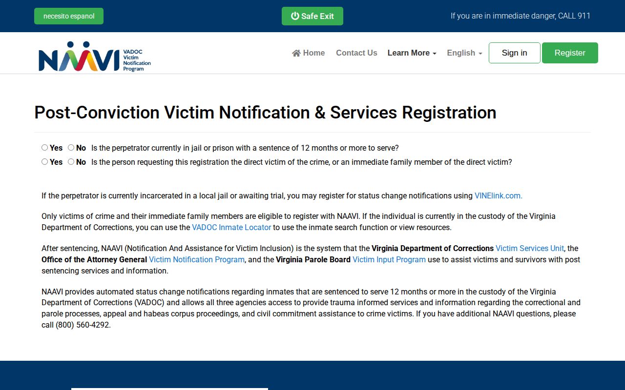 Craig County VADOC NAAVI state-prison release notification pre-screen