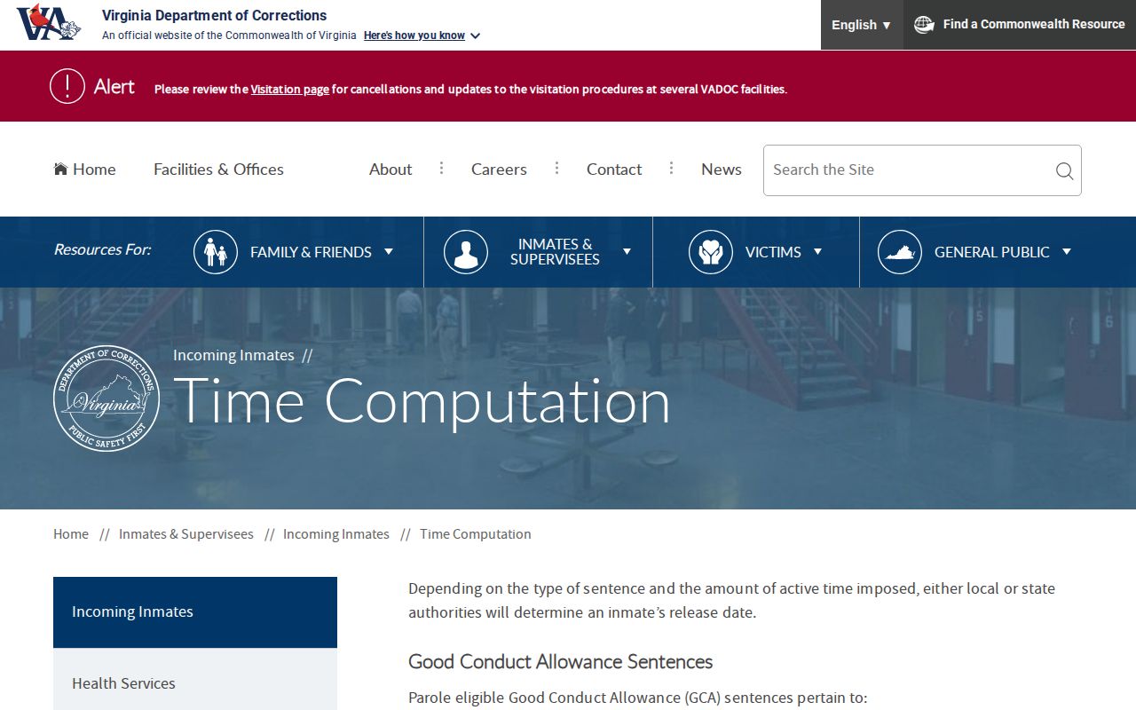 Craig County projected release date and VADOC time computation rules